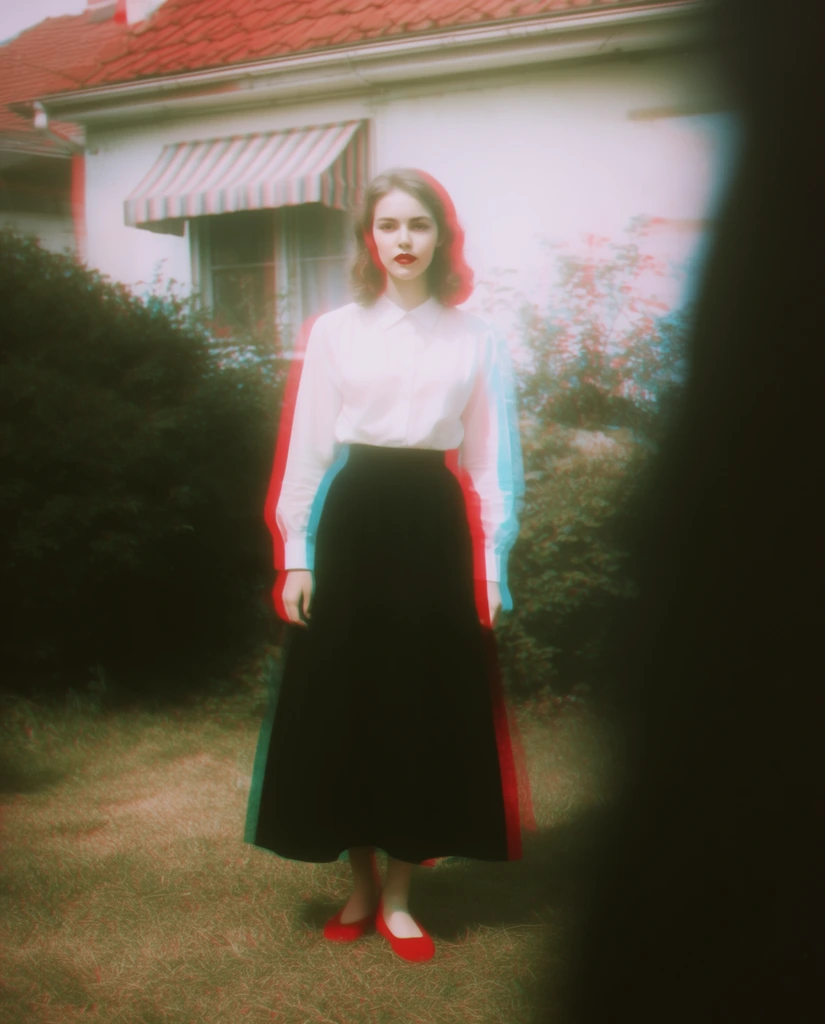 A stylized vintage portrait of a young woman standing in a grassy yard, heavily altered with a red and cyan chromatic aberration effect. She wears a crisp white long-sleeved blouse tucked into a long, wide black skirt, accented by bright red flat shoes and matching red lipstick. Her expression is calm and direct. She stands on a patch of dry green grass in front of a white building with a red-tiled roof, a window with a striped awning, and dense dark green bushes. A large, blurry black shape heavily obscures the right foreground, creating asymmetrical framing. The lighting is hazy and bright, enhancing the surreal, lo-fi analog photography aesthetic and dreamlike atmosphere.