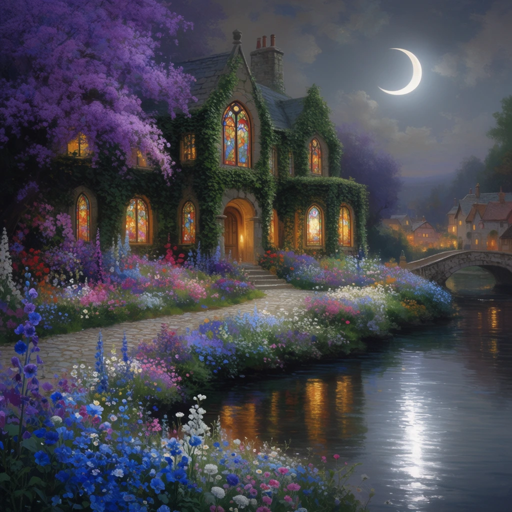 A luminescent landscape painting of an ivy-draped stone manor beside a serene river under a bright crescent moon. Warm golden light spills from arched stained-glass windows, reflecting beautifully on the dark water alongside the silvery moonlight. A curving cobblestone path leads to the entrance, bordered by intensely vibrant, overflowing gardens of blue, violet, pink, and white wildflowers. A massive purple flowering tree cascades over the estate's left side. In the midground, a quaint stone bridge arches over the water toward a softly lit distant village, all rendered in a highly detailed, romantic pastoral fantasy aesthetic.