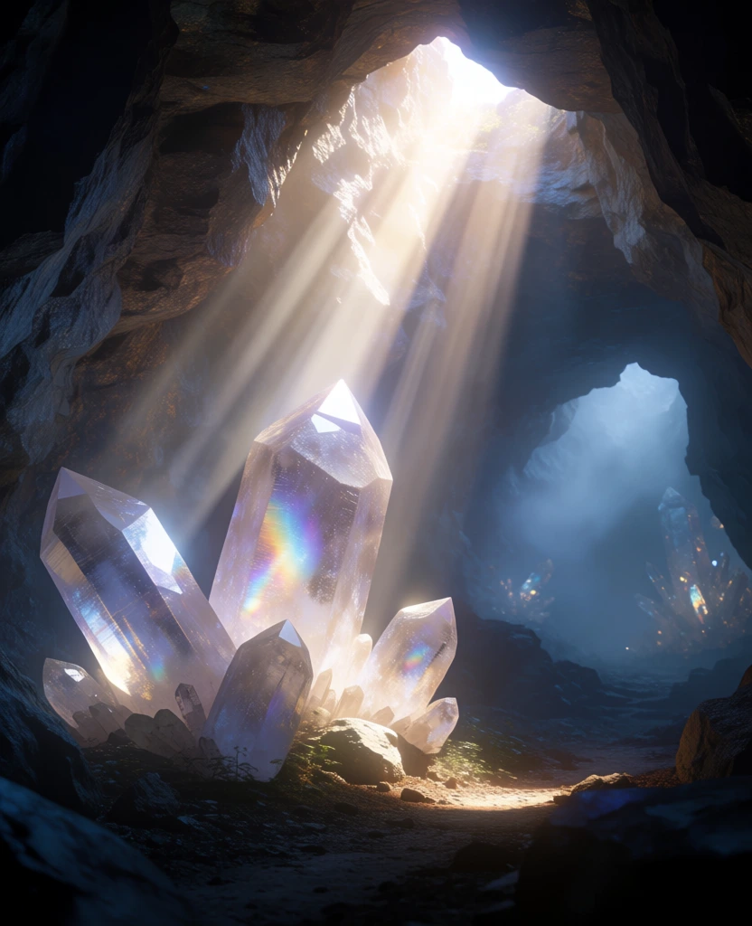A dramatic, fantasy-like view inside a dark cave shows brilliant shafts of sunlight pouring through an opening high above and striking a cluster of large translucent crystals on the cave floor, making them glow with pale rainbow fire against the surrounding rock and shadow. Digital matte painting, cinematic fantasy environment art, hyperreal concept art, photoreal-adjacent rendering, volumetric lighting, atmospheric haze, dramatic chiaroscuro, mystical adventure mood, high detail, medium-high visual complexity, painterly realism, similar to Greg Rutkowski, Maciej Kuciara, Jama Jurabaev, and Raphael Lacoste, cool blue-gray shadows with warm amber highlights, iridescent prism colors, silver-white light, high contrast, soft diffused exposure in shadows with blown bright opening, no visible camera metadata, no obvious lens distortion, faint mist and dust particles implied in the god rays, clean polished fantasy illustration finish. The cave walls rise vertically along the left and right edges, rough and jagged, with the left wall occupying most of the left third in deep brown-gray stone and the right wall curving inward from the upper right like a heavy overhang. Near the top center-right is the cave opening, irregular and bright white-blue, with hints of foliage or daylight texture just beyond it. From this opening, several strong beams of light angle diagonally down toward the lower left-center, widening as they descend and cutting through the darkness in parallel streaks. At the lower left-center sits the main crystal cluster, rooted among dirt and rocks: one broad crystal leans left, another tall narrow crystal rises almost straight up near center, and several smaller prisms fan around them. Their surfaces are transparent to milky clear, with sharp faceted tips and subtle rainbow reflections of violet, blue, pink, and gold along the edges. Around the main cluster, scattered broken crystals and shards protrude from the ground, especially along the mid-right and far left background. The cave floor is uneven and strewn with boulders, rubble, and dusty stone, darkest in the lower right foreground. In the middle distance, slightly right of center, more crystal formations glint faintly in the dim blue light, while the upper half of the image remains dominated by cavernous darkness and the descending luminous rays.