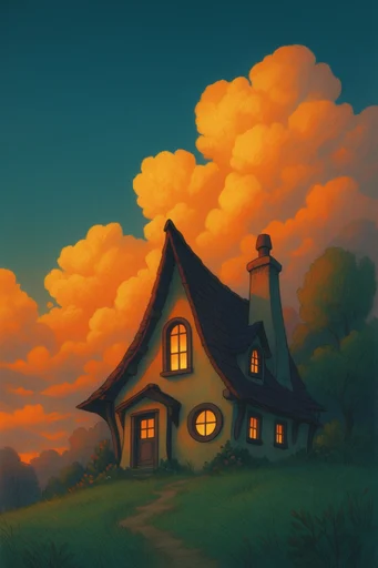 Luminous Twilight Storybook style reference image — volumetric clouds