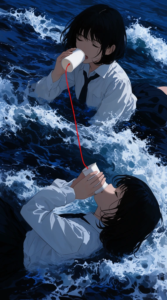 Two anime-style schoolgirls submerged in turbulent, dark blue ocean waves communicate through a paper cup telephone connected by a striking red string. The top girl speaks into her cup; the bottom girl listens with closed eyes. Both wear white shirts and dark skirts. The moody 2D digital illustration features high contrast between the vivid red thread, bright white sea foam, and deep blue water.