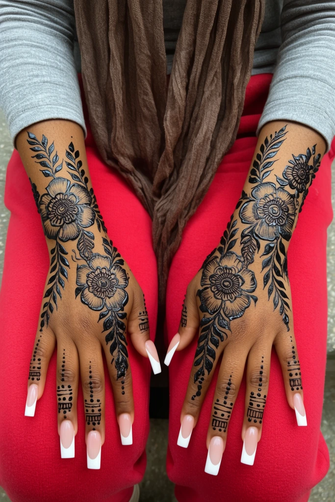 two hands resting on red sweatpants, intricate raised black henna designs on brown skin, prominent floral motifs and leafy vines on forearms, geometric dot patterns on fingers, long square acrylic nails with white French tips, grey long-sleeved shirt, draped brown scarf, close-up overhead photography