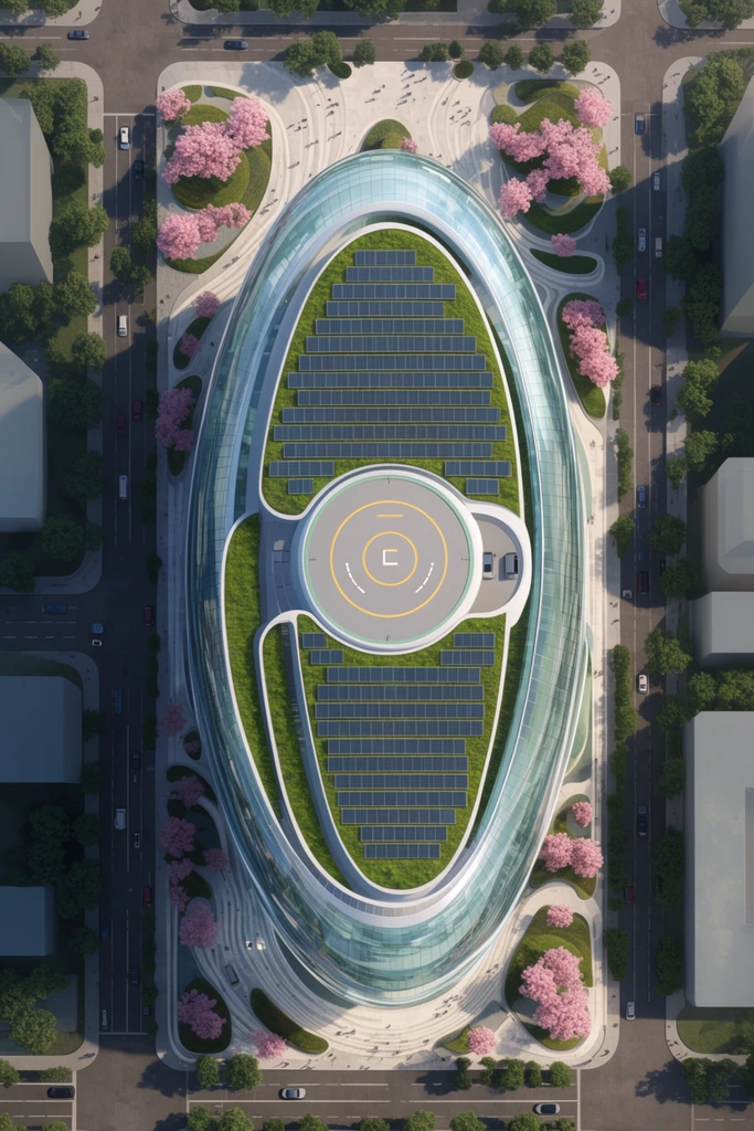 aerial top-down view of a futuristic elliptical glass building, green roof with solar panels and circular landing pad, landscaped plaza with pink blossoms, city streets, architectural rendering