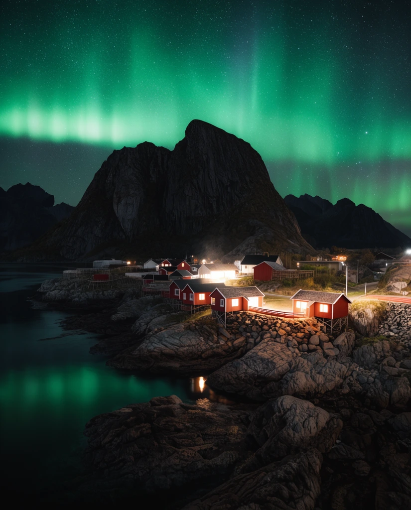 Red coastal cabins on rocky shoreline at night, warm glowing lights, massive dark mountain peak, bright green aurora borealis across starry sky, dark water reflection, dramatic astrophotography