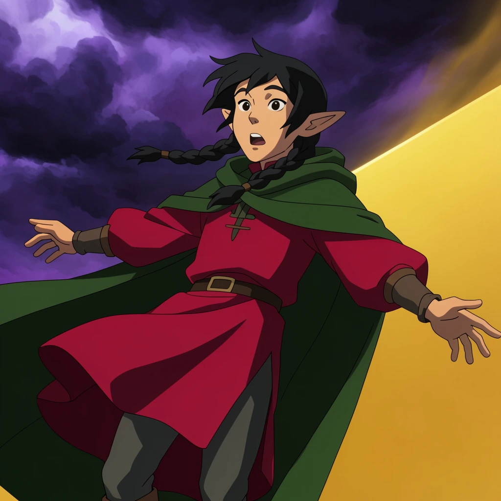 An elven youth with braided black hair floats with outstretched arms in surprise, wearing a billowing crimson tunic and green cloak. A sharp diagonal background splits a stormy purple sky from a solid golden void. Cel-shaded 2D animation style with dynamic lighting.