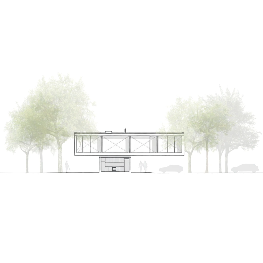 An architectural elevation drawing of a modern, cantilevered two-story building set against a pure white background. The structure features a narrow ground-floor base revealing interior kitchen cabinetry, supporting a much wider upper rectangular volume characterized by large windows and diagonal cross-bracing. Several large trees rendered in soft, semi-transparent pale green watercolor washes flank the building on both sides. Thin, faint gray silhouettes of three pedestrians and two cars rest on the flat, continuous ground line to establish scale. The composition employs stark, minimalist black linework combined with sparse, muted pastel tones, creating a highly technical yet delicate aesthetic.
