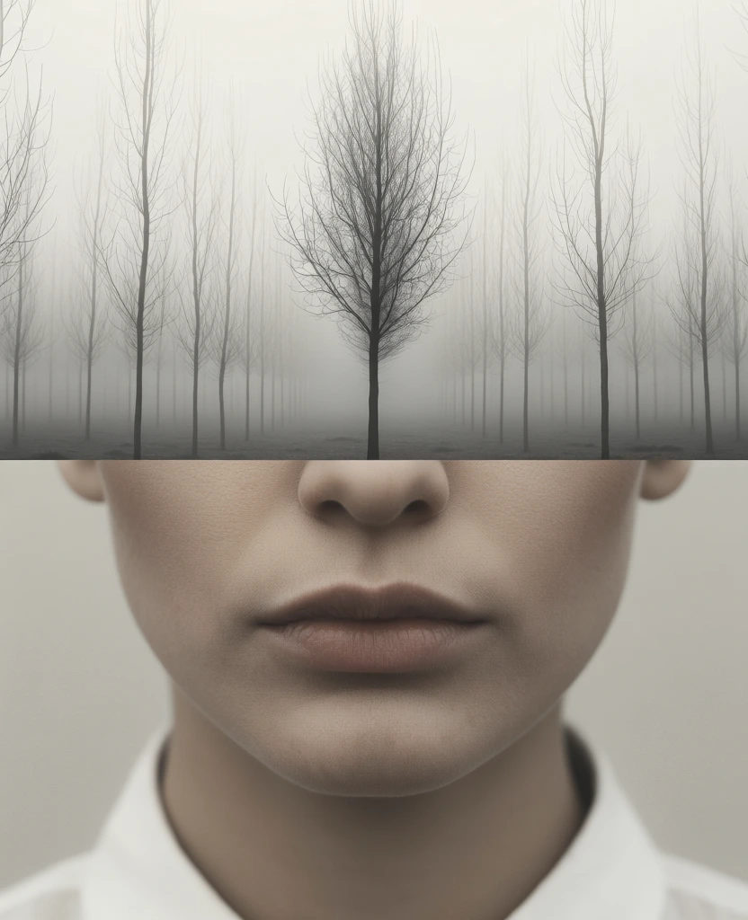 A surreal composite image blends the lower half of a human face with a misty forest landscape along a sharp horizontal divide at the level of the bridge of the nose. The bottom portion of the frame features the lower face of a person, showing the nose, closed lips with a natural pinkish hue, and a defined chin and jawline. The skin has a finely textured, slightly grainy appearance, and the person wears a white collared shirt that is visible at the very bottom. The top half of the composition depicts a row of tall, thin, leafless trees receding into a dense white fog. A single, darker, more detailed bare tree is positioned in the center, its thin branches intricately webbed against the pale, overcast sky. This central tree trunk aligns vertically with the philtrum and the center of the person's lips. The transition between the two elements is a clean horizontal line where the dark, flat ground of the forest meets the bridge of the nose, effectively obscuring the eyes. The color palette is muted and desaturated, consisting primarily of grays, beiges, and charcoal tones, giving the piece a fine-art, monochromatic aesthetic. Lighting is soft and diffused across both the facial features and the foggy landscape, creating a flat, even exposure with minimal shadows.