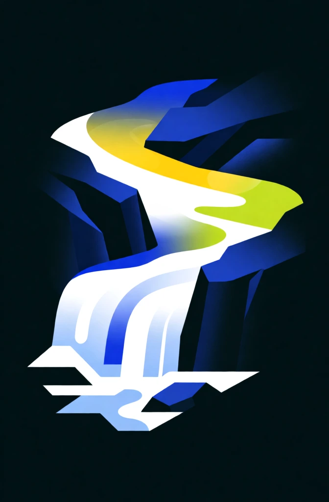 minimalist graphic illustration of a stylized stream cascading over a sharp rocky ledge, clean vector aesthetic with smooth gradients and precise geometric silhouettes, centered composition on a flat dark charcoal background, vibrant lime yellow and deep cobalt blue accents blending within the white rushing water, subtle inner shadows and soft glows creating depth and dimension, high contrast modern branding style, matte digital finish, sophisticated minimalist landscape.