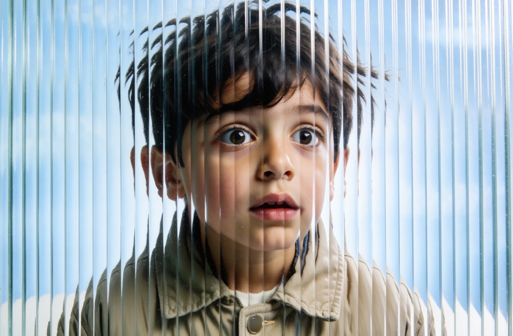 portrait of a young boy with messy hair and curious eyes, photographed through vertically ribbed glass, strong optical distortion dominating the image, glass refraction slicing the face into repeated vertical segments, warped facial features caused by textured acrylic panel, subject partially obscured by frosted glass, light scattering and refraction visible, studio fashion portrait behind glass, soft sky blue airy grading lighting, clean background