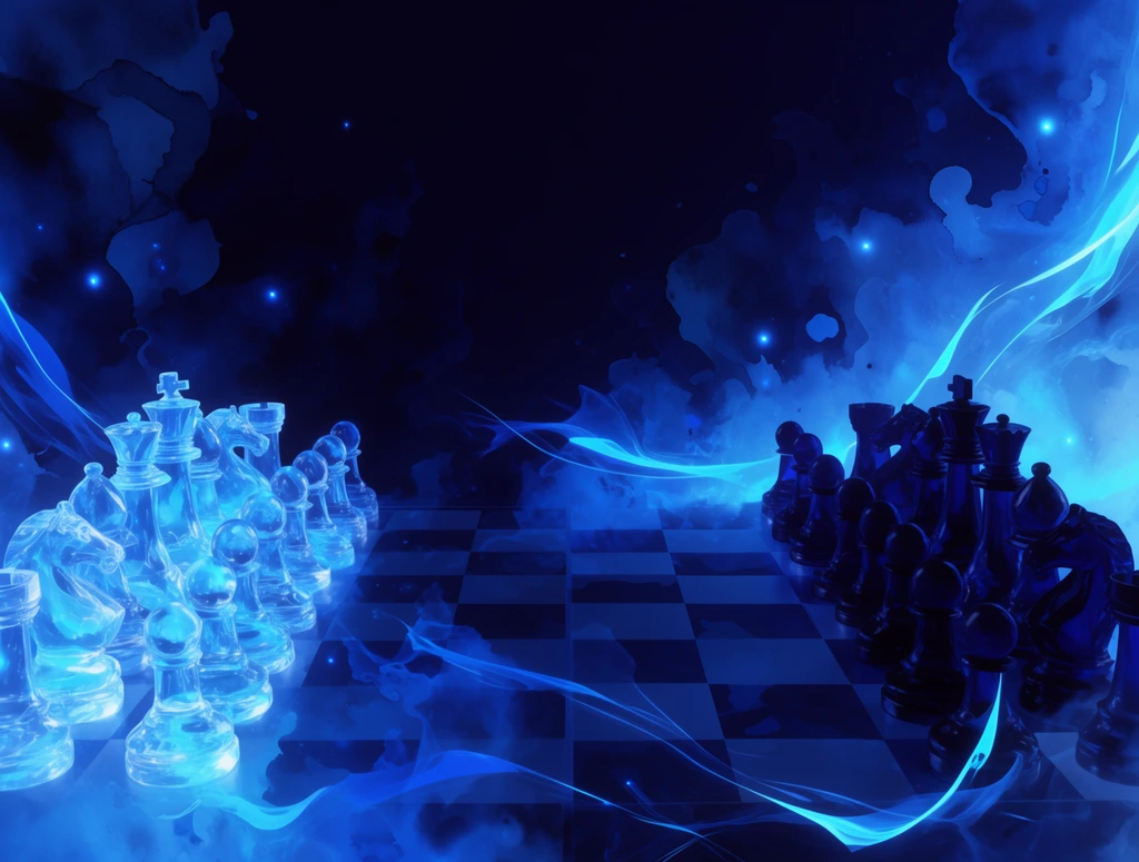 Transparent and opaque chess pieces stand arranged on opposite sides of a chessboard, rendered entirely in a high-contrast, monochromatic deep blue and glowing cyan color palette. The transparent pieces emanate an intense, ethereal bioluminescent luminosity, their forms defined by swirling, liquid-like translucency and bright azure highlights. Across the board, the opaque pieces form stark, deep navy silhouettes grounded in rich indigo shadows. The chessboard anchors a vast, pitch-dark atmospheric void, surrounded by billowing, watercolor-like washes of luminescent blue vapor and abstract, fluid ink-bleed textures. Sweeping, razor-sharp ribbons of bright cyan energy weave dynamically between the pieces, intersecting the soft, ethereal clouds of glowing blue smoke. Scattered, brilliant specks of radiant blue light float throughout the deep navy background, creating a surreal, dreamlike aesthetic characterized by the striking juxtaposition of crisp geometric silhouettes, organic fluid dynamics, and intense, luminous glow effects.