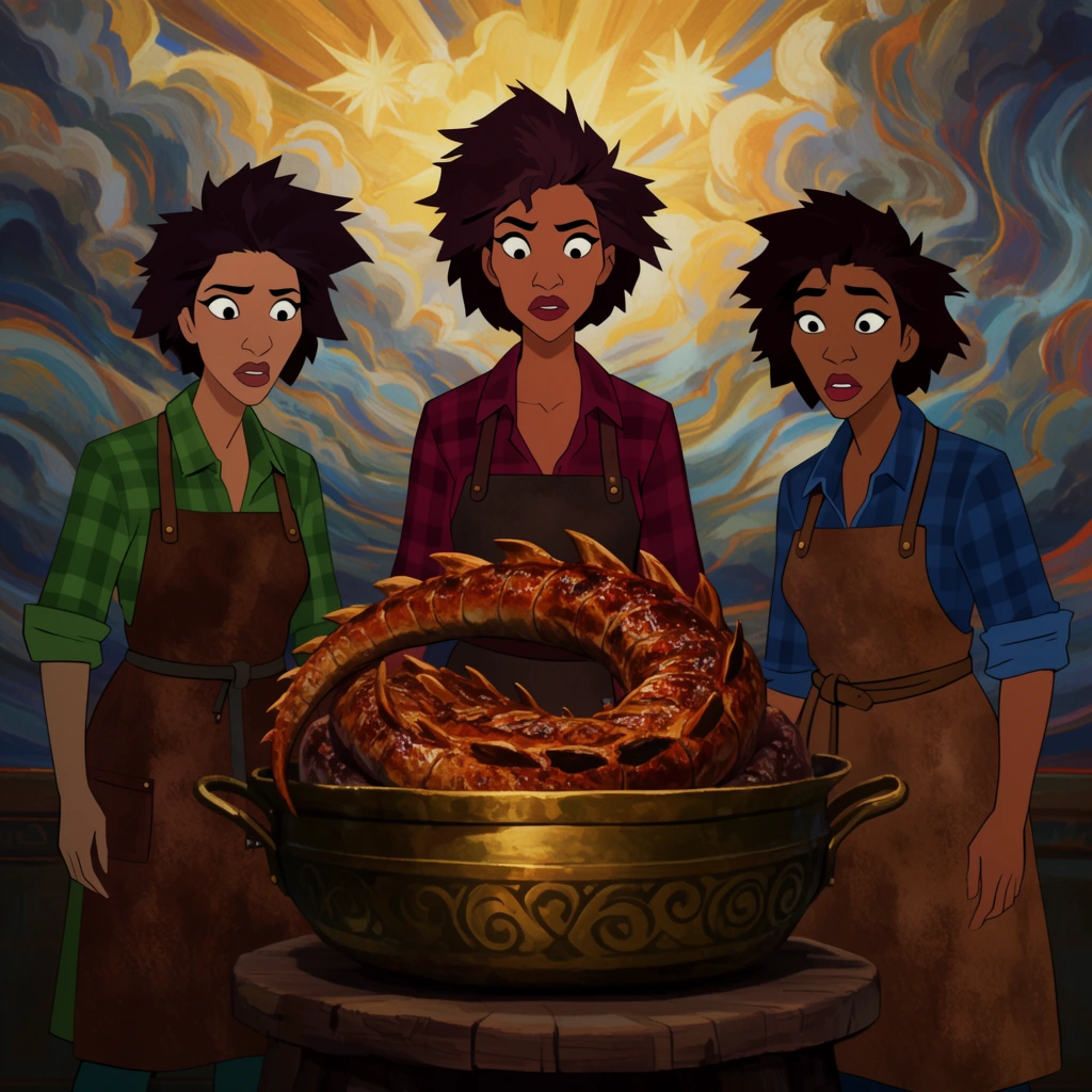 Three women with angular features and spiky hair wear heavy leather aprons over flannel shirts. They stare wide-eyed at a massive roasted dragon tail coiled inside a decorated brass cauldron on a wooden stand. The women wear green, burgundy, and blue aprons. The background features a vibrant painted mural of swirling storm clouds and golden sunbursts. 2D animated fantasy style with vivid flat colors, warm lighting, and cinematic eye-level framing.