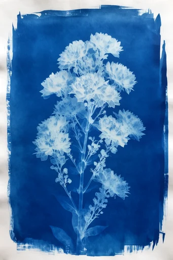 Ethereal Cyanotype Botanical style reference image — komorebi light