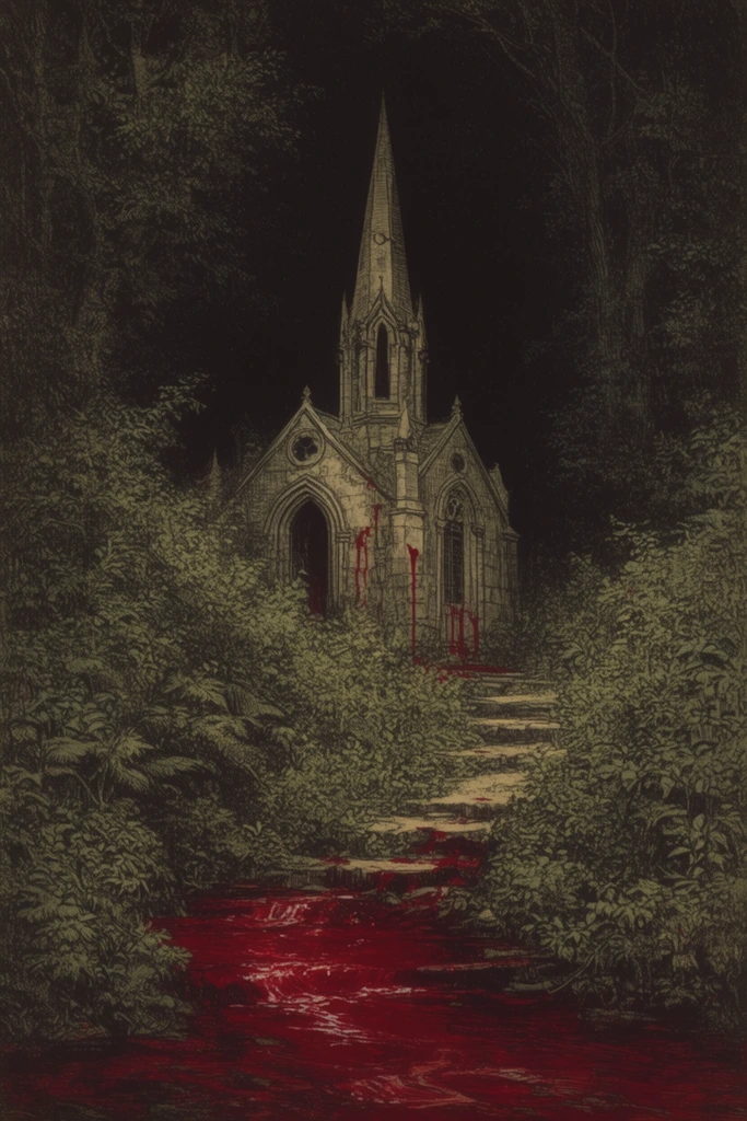 gothic stone chapel with a tall pointed spire deep in a pitch-black forest, dense overgrown foliage framing winding stone steps, flowing river of vivid crimson blood in the foreground, blood trickling down masonry, vintage dark fantasy etching style, fine crosshatching texture, muted olive greens contrasting with intense deep red