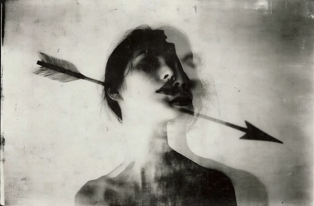 low-angle vintage photography, grainy black and white analog film, lo-fi ethereal aesthetic, double exposure composition of a woman's head and a man's face, a single sharp arrow intersecting the frame, soft focus, blurred edges, heavy film grain, distressed surface with scratches, monochrome palette, dreamlike atmosphere, high contrast shadows, minimalist textured backdrop, 35mm analog look, haunting dark romanticism, gritty details, light leaks, layered imagery, cinematic