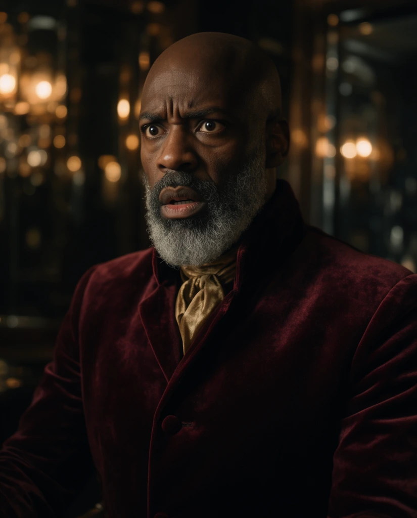 A cinematic medium close-up captures a bald Black man with a thick gray beard expressing deep concern in a dimly lit environment. His furrowed brow and piercing eyes convey sharp apprehension. He wears a high-collared burgundy velvet coat paired with a gold silk ascot. The heavily blurred background features warm, glowing amber bokeh lights reflecting off a dark, glossy surface. Framed with a shallow depth of field, the composition isolates the subject. Moody chiaroscuro lighting highlights the velvet fabric's rich texture and casts dramatic shadows across his face, forging a tense, highly atmospheric visual narrative.