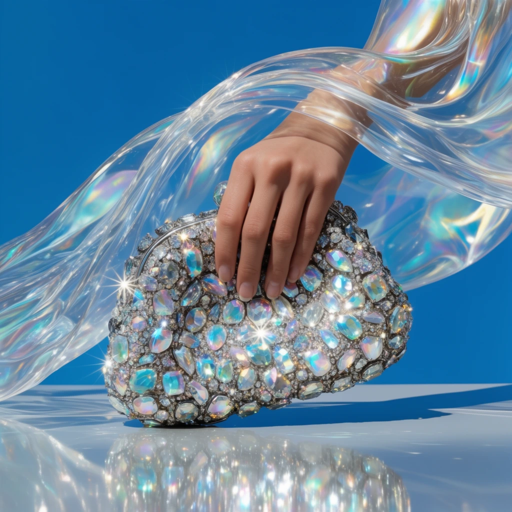 A woman's hand grips a densely jewel-encrusted clutch bag, surrounded by sweeping, gravity-defying waves of transparent, iridescent material against a flat, vibrant azure background. The heavily textured clutch features tightly packed faceted gemstones that catch the hard, direct light, producing brilliant, sharp starburst lens flares and pearlescent, holographic color shifts of cyan, magenta, and pale green. A fluid ribbon of clear, glass-like dichroic film arcs dynamically around the hand and bag, its undulating surface distorting the solid vivid blue environment and generating luminous, shifting caustics. The hand and clutch are positioned above a pristine, hyper-glossy, mirror-like floor that crisply reflects the intricate jewels, the skin tones, and the swooping transparent film. Intense, bright directional lighting creates sharp, defined drop shadows and maximizes hyper-reflective specular highlights on every metallic and glassy facet. The composition employs a hyper-realistic, pristine commercial photography aesthetic characterized by extreme edge-to-edge macro sharpness, deeply saturated high-contrast colors, and a flawless, hyper-polished rendering style.