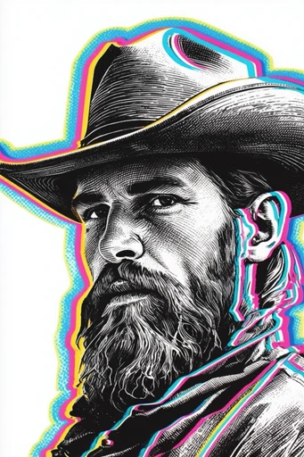Neon Glitch Engraving style reference image — anaglyph 3D effect