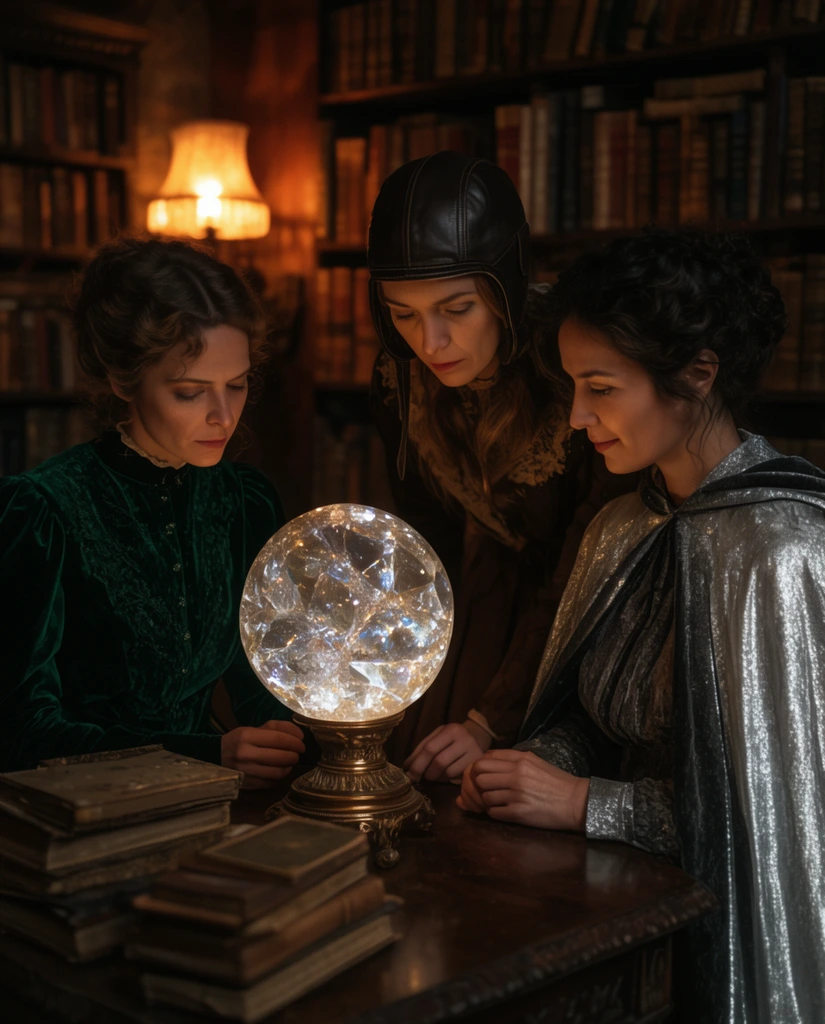 Three adult women in a dimly lit Victorian library study a glowing crystal orb on a wooden table. They wear a green velvet dress, a leather aviator cap, and a silver cape. Warm amber lamplight illuminates dusty bookshelves and deep shadows.
