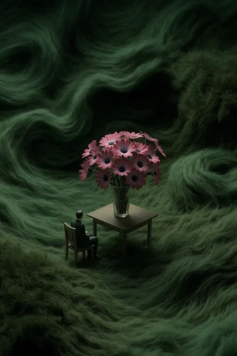 Tactile Verdant Surrealism style reference image — undulating velvet moss