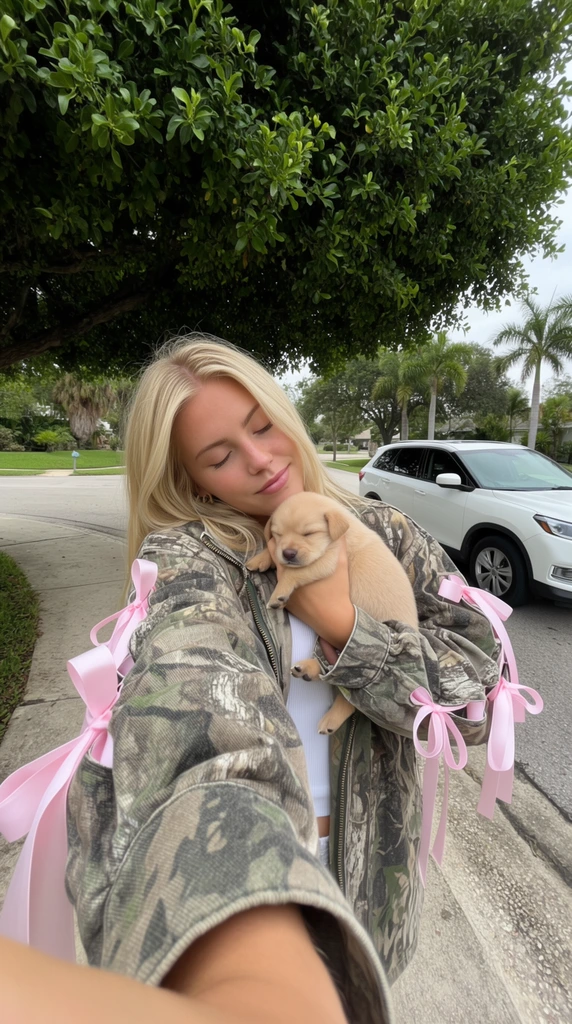 A young blonde woman takes a selfie while cradling a tiny sleeping puppy against her chest on a suburban street. She wears an oversized camouflage jacket accented with light pink ribbon sleeve ties over a white top. Her eyes are closed in a peaceful expression, head tilted toward the light tan puppy. They stand on a concrete sidewalk under a lush, overhanging green tree canopy. A white SUV is parked on the adjacent paved road, with distant palm trees completing the neighborhood backdrop. The casual wide-angle photograph uses a distinct selfie perspective with her outstretched arm extending from the bottom left, illuminated by soft natural daylight.