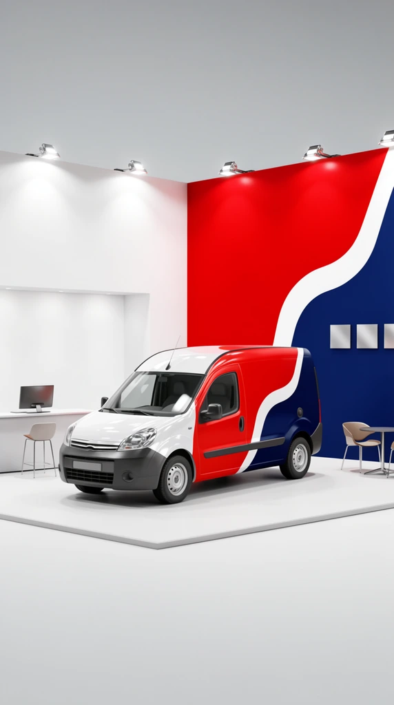 A compact commercial panel van with a bold red, white, and blue graphic wrap is parked inside a brightly lit exhibition booth. The vehicle features a white front cabin, a dark gray bumper, and a rear cargo section enveloped in sweeping curved shapes of crimson and navy. The surrounding minimalist booth consists of two adjacent walls joined at a right angle under four metallic overhead spotlights. The solid white left wall incorporates a sleek reception counter holding a computer monitor and a minimalist chair. The right wall displays a massive architectural graphic mirroring the van's wrap, divided into solid red and blue sections by a thick wavy white line, with three small square silver plaques mounted on the surface. A small round table and an additional modern chair sit nestled in the corner. The composition is a crisp 3D architectural visualization featuring high-key studio lighting, glossy automotive reflections, and a pristine aesthetic.