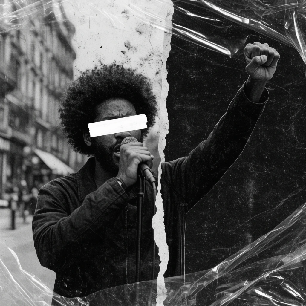 black and white mixed media collage, man with an afro speaking into a microphone, right arm raised in a clenched fist, white censorship bar over eyes, vertical torn paper edge dividing the frame, blurred urban street on left, dark textured right half, crinkled clear plastic wrap overlay, glossy creases, high contrast grunge aesthetic