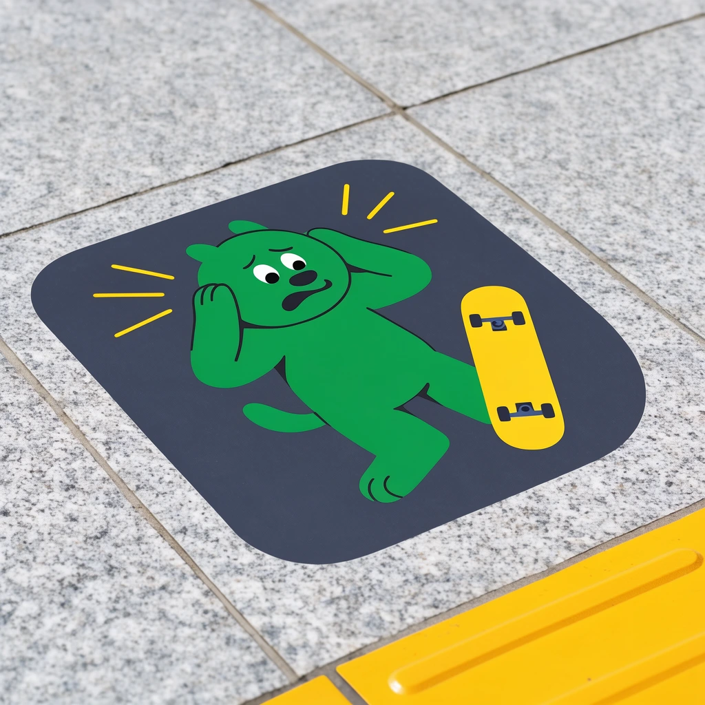 A dark grey floor decal on light grey speckled stone tiles features a flat illustration of a distressed green cartoon animal covering its ears beside a yellow skateboard and yellow crash lines. A yellow tactile paving strip sits in the bottom right corner in this high-angle outdoor shot.