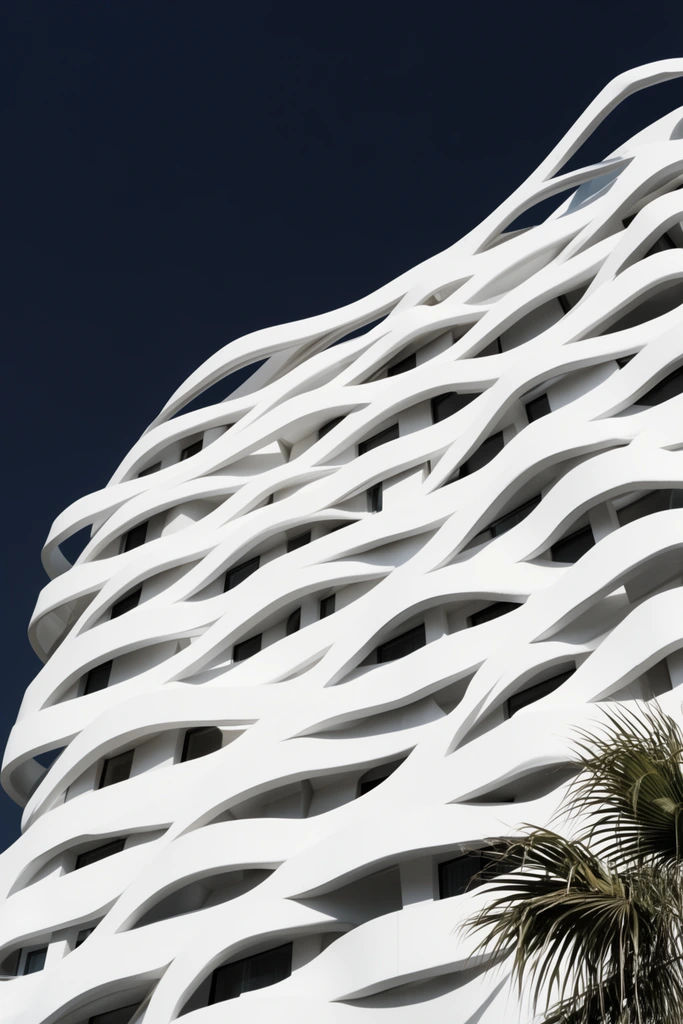 modern white building facade, undulating wave-like balconies, woven organic curves, dark recessed windows, stark shadows, low angle perspective, deep dark blue sky, palm frond in bottom right corner, minimalist architectural photography