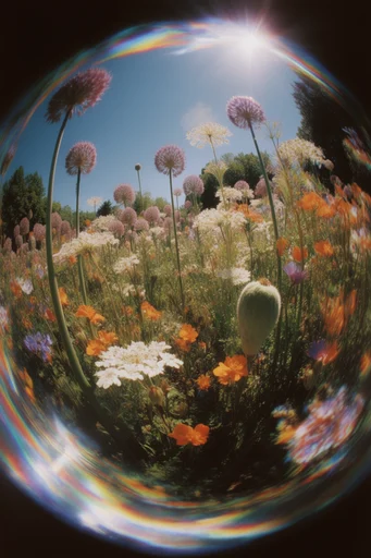 Sun-Drenched Fisheye Dreamscape style reference image — spherical distortion