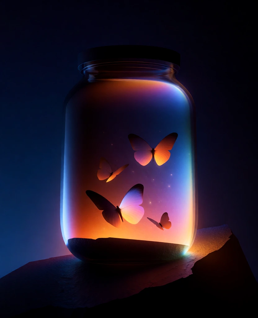 low-angle cinematic shot of five translucent butterflies and luminous specks within a minimalist glass jar, resting on dark jagged basalt, internal radiance casting a hyper-saturated gradient of solar orange to neon violet to electric blue, dramatic upward glow illuminating the glass curvature and surrounding ground, deep indigo negative space background, high-contrast chiaroscuro, ethereal atmosphere, high-gloss finish, soft light diffusion, sharp silhouettes, digital surrealism