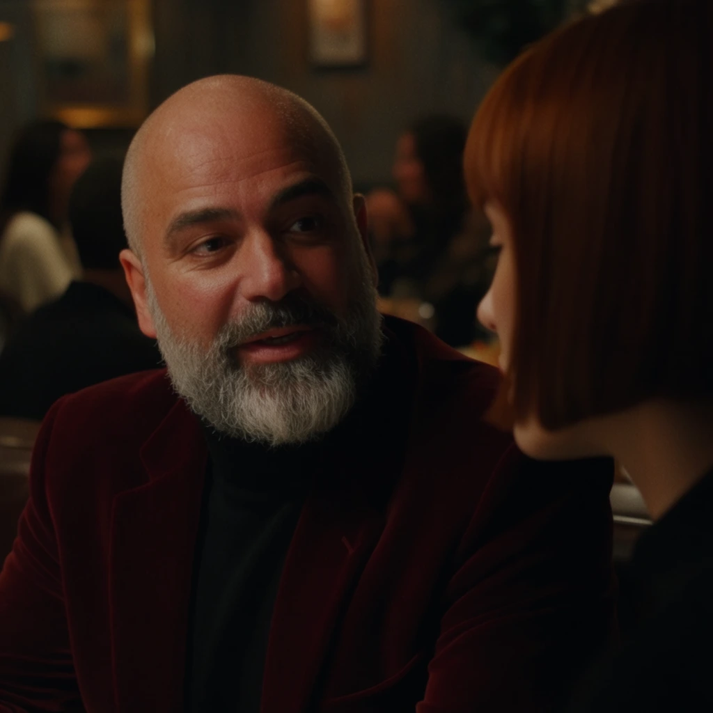 A cinematic over-the-shoulder shot of a bald man with a thick grey beard wearing a maroon velvet blazer and a black turtleneck, speaking with quiet intensity to a woman in the foreground. The softly blurred woman has auburn hair cut in a sharp bob, her profile obscured in heavy shadow. The man features an earnest expression, illuminated by directional light from the left that casts deep dramatic shadows across his right cheek. The background is a dimly lit restaurant with out-of-focus patrons bathed in warm amber tones. Shot on 35mm film with a shallow depth of field, sharply focusing on the man's textured facial features.