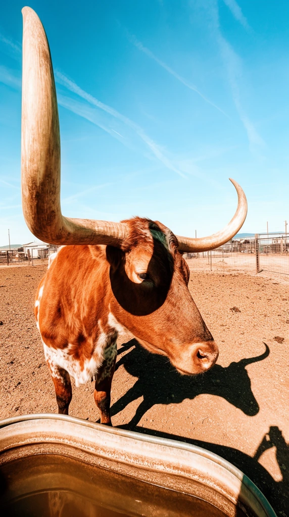 A reddish-brown and white longhorn stands in a sun-baked dirt enclosure under a vivid blue sky. The animal features massive, thickly curved horns, with one sweeping dramatically upward, casting a sharp diagonal shadow across its face. A wide-angle perspective exaggerates the horns' scale against the sky. The bottom foreground shows a weathered metal water trough on dry earth beside the distinct shadow of the animal's head. The background contains distant wire fencing, scattered rural structures, and a clear sky streaked with faint white contrails. The harsh, direct sunlight produces high-contrast, warm earthy tones that sharply juxtapose the bright background.