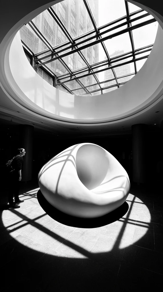 A smooth, white, organic-shaped sculpture sits beneath a massive circular skylight casting dramatic shadows in a high-contrast monochromatic setting. The asymmetrical pod-like sculpture features a deep scooped center, resting on a dark tiled floor within a bright circular pool of sunlight. Sharp linear shadows from the overhead glass and metal grid canopy stretch across the artwork and the ground. To the left, a person wearing dark clothing, glasses, and a backpack stands in the shadows, looking toward the central form. The surrounding interior includes thick support columns enveloped in darkness, while high-rise architecture is visible through the glass roof above. The black-and-white wide-angle composition emphasizes the geometric interplay between the stark light shaft, crisscrossing shadow lines, and the fluid volume of the central object.