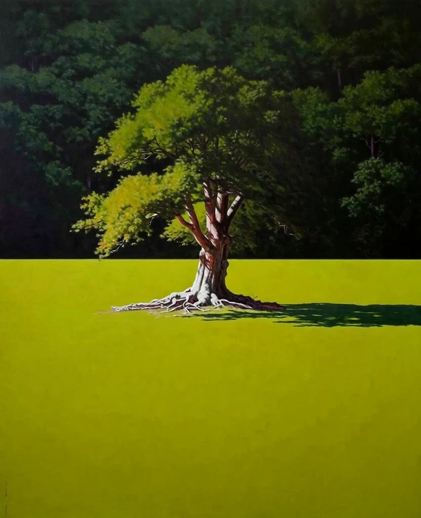 minimalist surrealist landscape featuring a sharp horizontal divide between a vast flat chartreuse green field and a dark dense forest backdrop, centered subject is a single large deciduous tree with a gnarled trunk and sprawling roots, hyper-realistic textures on the tree bark and foliage contrasted against the featureless lime green ground, stark sunlight casting deep realistic shadows, high contrast, cinematic atmosphere, bold graphic composition, contemporary realism style.