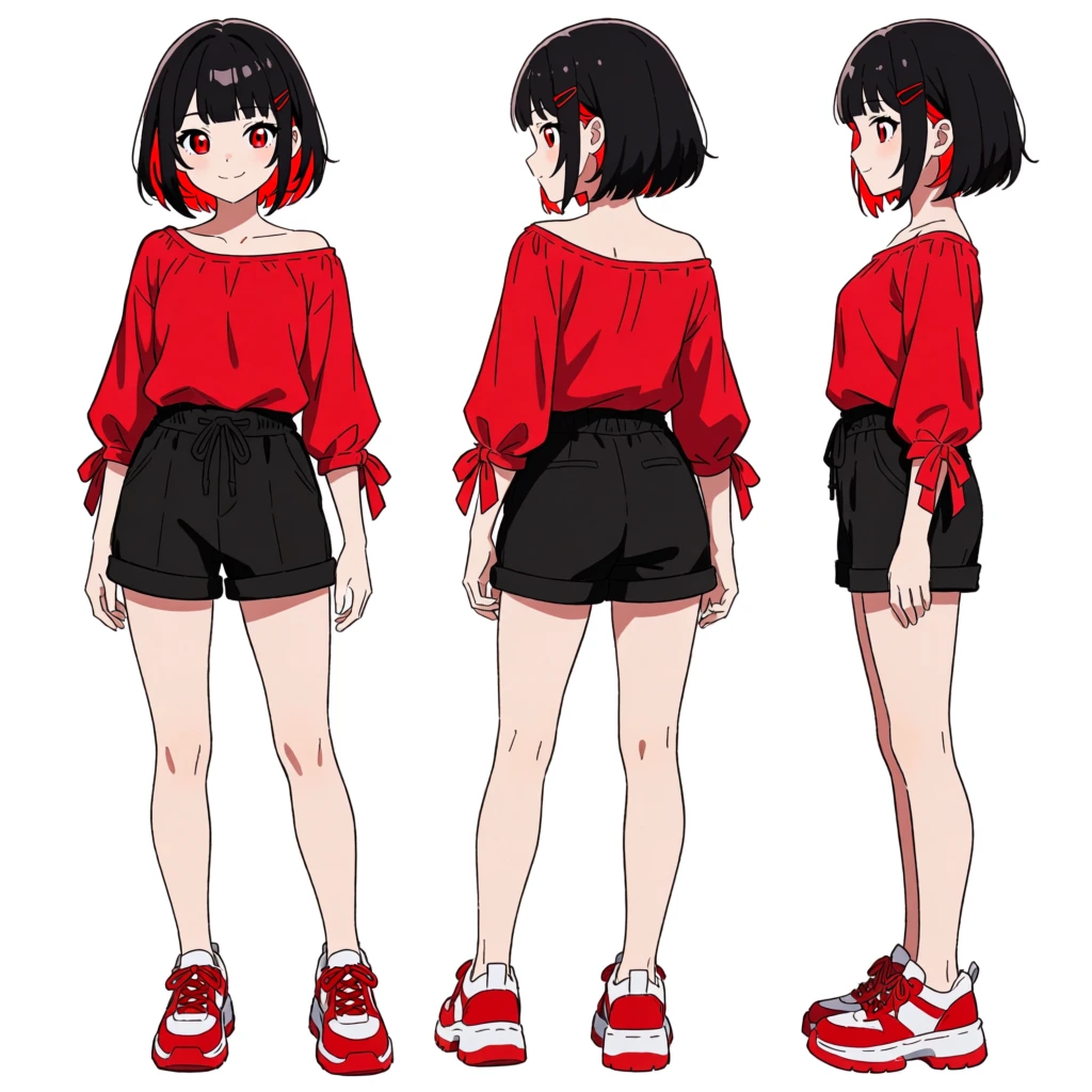 A character reference sheet presents three full-body views of an anime-style girl with a black bob haircut and red accents against a solid white background. The girl has short, chin-length black hair with bright red tips on the inner layers and blunt bangs, accented by small red hair clips. Her large, expressive eyes are a matching shade of red. She wears a bright red, loose-fitting off-the-shoulder blouse with three-quarter length sleeves that feature ribbon ties at the cuffs. Her bottoms consist of black, high-waisted shorts with a drawstring waist and rolled hems. On her feet, she wears chunky red and white sneakers with thick white soles and red laces. The leftmost figure shows a front view where she stands with arms at her sides, looking forward with a slight smile. The middle figure displays a back view, showing the loose neckline of her top and the back pockets of her shorts as she looks over her shoulder. The rightmost figure is a side profile facing left, highlighting the silhouette of her clothing and the structure of her sneakers. The illustration features clean black line art and a cel-shaded coloring style with consistent lighting that creates soft shadows on her skin and the folds of her clothing.