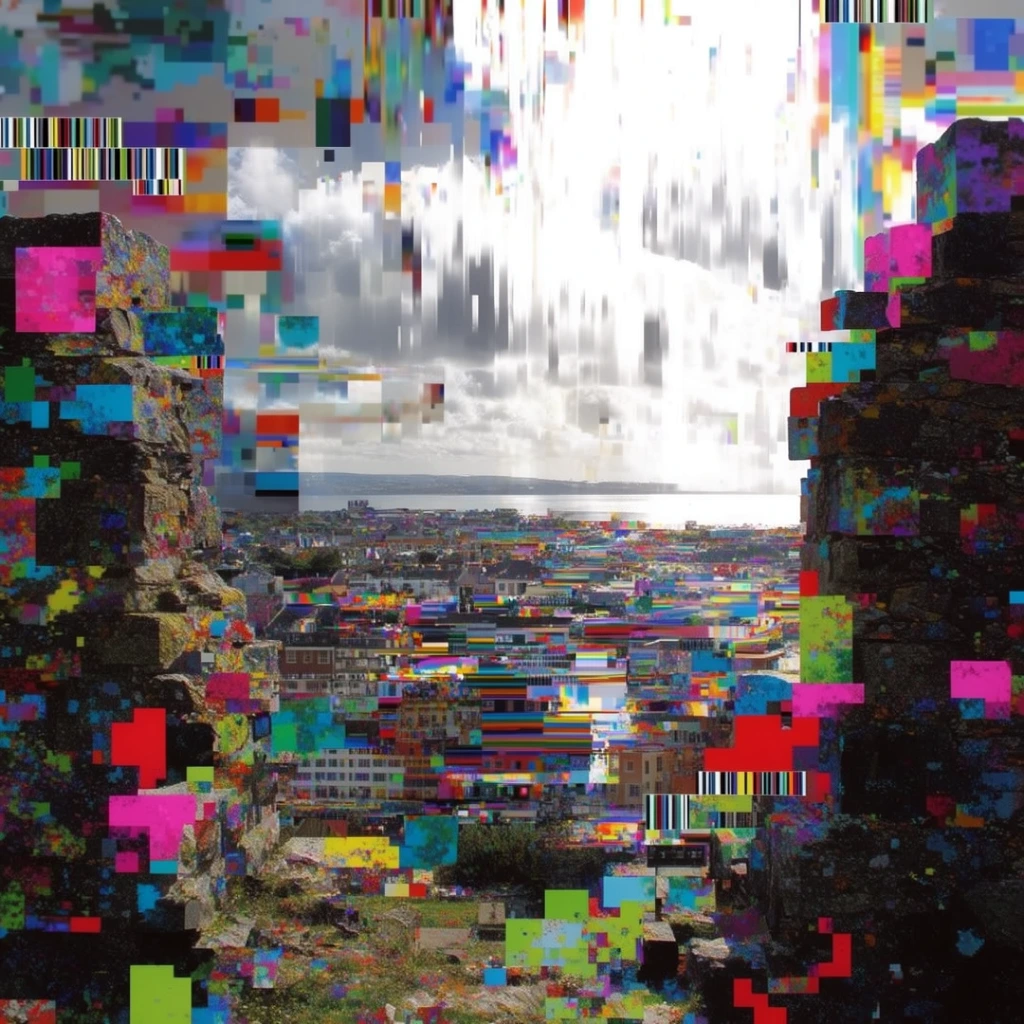 Two stone ruins in the foreground frame a sprawling city of buildings, backed by water and a cloudy sky, rendered entirely through severe digital glitch art and heavy macro-pixelation. The flanking ruins form harsh, blocky silhouettes on the left and right, their structures corrupted by oversized, jagged square pixels and fragmented data blocks of neon magenta, cyan, lime green, and primary red. Between these framing elements, the sprawling midground cityscape is violently distorted by aggressive horizontal chromatic tearing and databending, fracturing the buildings into staggered, displaced horizontal bands. In the background, the water and cloudy sky are overwhelmed by a blinding, blown-out white vertical light bleed, characterized by intense vertical pixel sorting and long, smeared streaks of stark grayscale and CMYK digital noise. Intermittent horizontal colored barcode stripes, 8-bit retro video game artifacting, and high-contrast blocky static permeate the entire composition, completely replacing natural textures with a fractured, hyper-saturated technological breakdown.