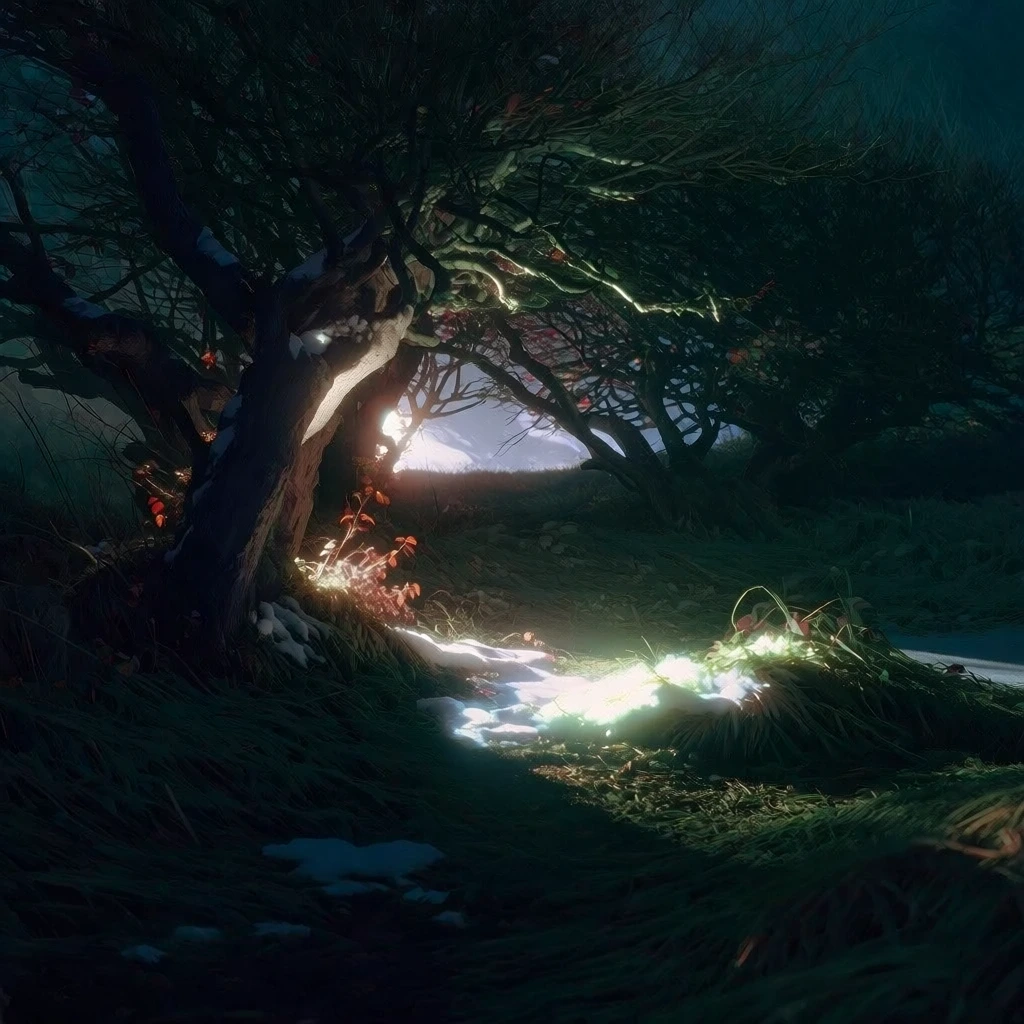 cinematic moody photography, desolate winter landscape featuring gnarled leafless trees, a distant horizon glowing through the skeletal branches, dramatic chiaroscuro lighting with a harsh ethereal spotlight creating a brilliant pool of light on the dark ground, deep midnight blues and obsidian shadows, high contrast with soft light blooms, mysterious atmospheric haze, melancholic and dreamlike aesthetic, professional high-end editorial composition, rich natural textures
