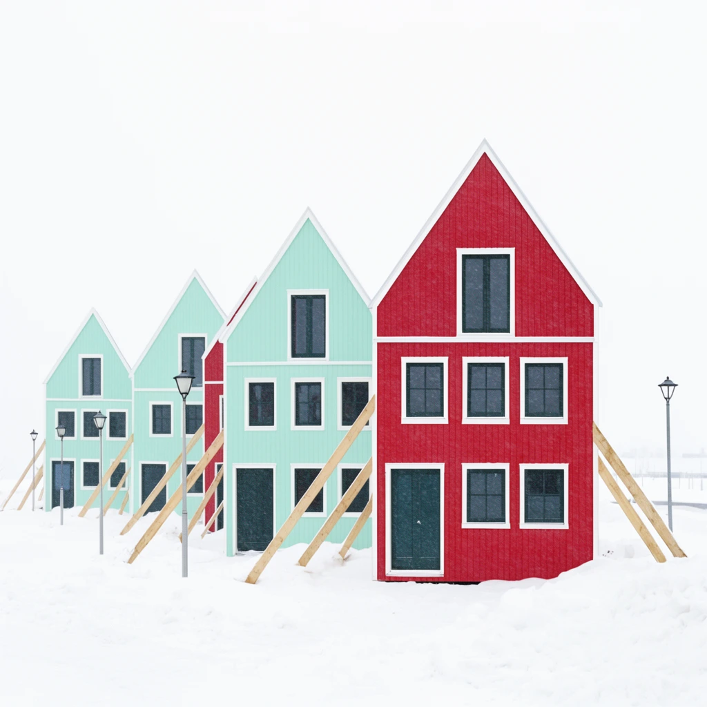 flat two-dimensional house facades propped by diagonal beams, red and mint green exteriors with dark windows, deep snow, overcast white sky, streetlamps, minimalist high-key photography