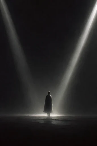 Monolithic Existential Minimalism style reference image — stark chiaroscuro lighting