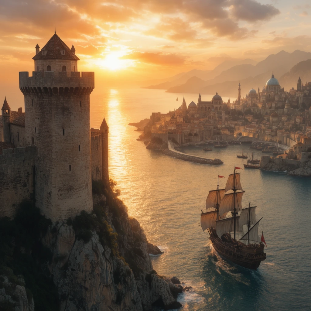 massive stone fortress tower on a rugged coastal cliff, three-masted wooden galleon sailing a calm bay below, sprawling medieval harbor city with domes and spires on the hilly opposite shore, hazy distant mountains, intense golden sunset reflecting on the ocean, warm cinematic lighting, epic fantasy concept art, atmospheric perspective
