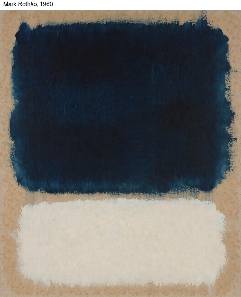 An abstract painting features two horizontal blocks of color, one dark indigo and one off-white, set against a tan-colored textured background. The upper section contains a large, rectangular mass of dark indigo paint with a dense, matte texture and visible vertical brushstrokes. Its edges are irregular and frayed, with paint trailing off into the surrounding space. Below this, a smaller, horizontal band of off-white paint is positioned, separated from the upper block by a thin strip of the background. This white block also exhibits a textured application with feathered, uneven borders that blend into the tan surface. The background consists of a light brown or beige material, resembling aged paper or unprimed canvas, with subtle speckles and a mottled texture visible throughout the unpainted areas. At the very top left of the entire image, outside the borders of the artwork, the text "Mark Rothko, 1960" appears in a small, black, sans-serif font. The composition is a classic example of Color Field painting, characterized by its minimalist arrangement of stacked color masses and soft, bleeding edges that create a sense of depth and layering. The perspective is a flat, frontal view, capturing the tactile qualities of the medium and the grain of the support.