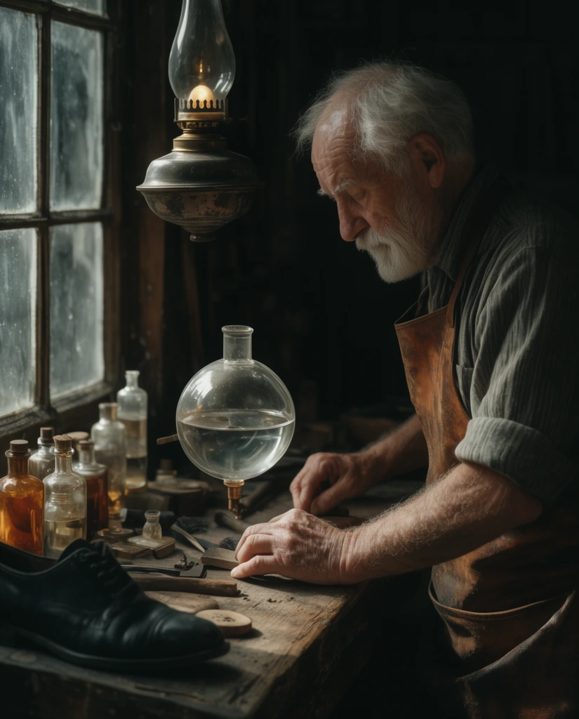 An elderly craftsman in a worn leather apron works at a cluttered wooden bench in a deeply shadowed workshop. Chiaroscuro lighting from a multi-paned window illuminates a spherical glass magnifying flask, an overhead oil lamp, small glass bottles, a black leather shoe, and his focused hands.