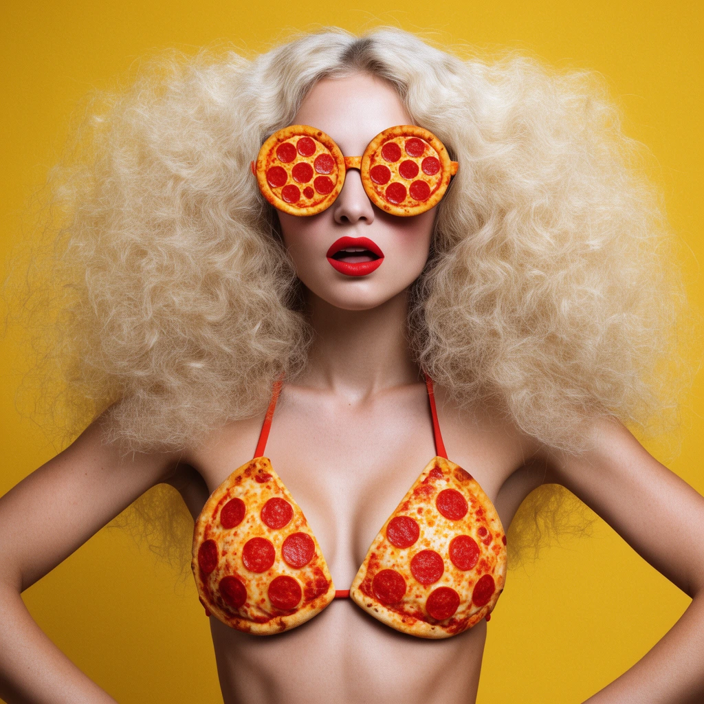 Woman with massive frizzy blonde hair, round pepperoni pizza sunglasses, pepperoni pizza bikini, hands on hips, mustard yellow background, surreal pop-art fashion photography