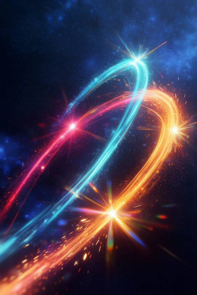 Three vibrant glowing particle trails loop and intersect against a deep blue cosmic background. A cyan curve swoops upward intersecting with a fiery orange loop and a magenta-red arc. The leading edges of these dynamic light streaks emit intense star-like bursts scattering sparks and anamorphic lens flares. The dark background features fine dust-like starlight and soft blue glows creating a cinematic high-contrast motion graphics effect emphasizing magical energy and fluid movement.