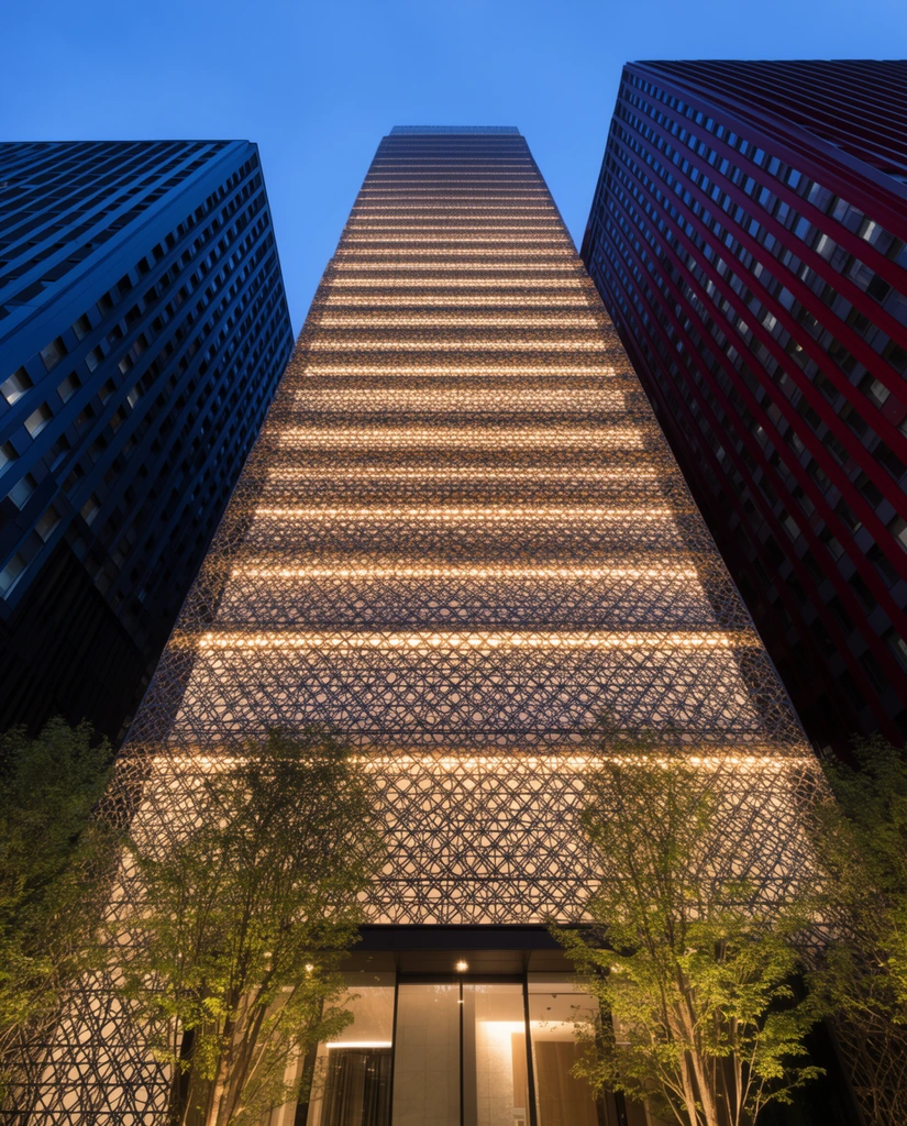 A towering modern skyscraper with an intricate illuminated lattice facade rises against a deep blue twilight sky. Viewed from a dramatic low angle, the central building features horizontal bands of warm golden light radiating through a dark patterned mesh exterior. Softly lit green trees in the foreground partially obscure a sleek glass entrance. Flanked by massive dark blue and deep red office towers, the glowing architectural structure dominates the composition, emphasizing the vivid contrast between the warm artificial glow and the cool evening ambiance.