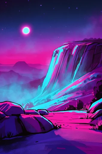 Neon Synthwave Graphic Noir style reference image — bold ink outlines