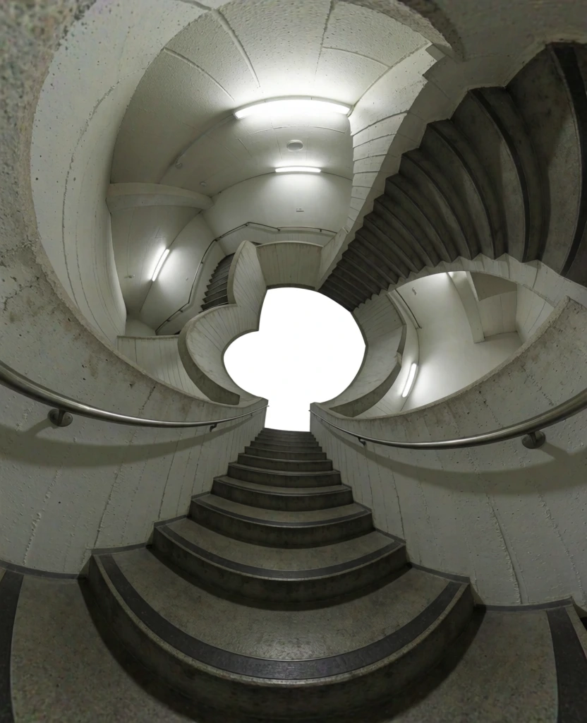 extreme 360-degree polar stereographic projection of an architectural interior featuring brutalist concrete stairs leading down, the staircases wrap around the frame to create a seamless circular tunnel, central focal point is a bright white void at the base of the stairwell, harsh overhead lighting casting long geometric shadows along the curved concrete, lo-fi digital grain, muted desaturated color palette, early 2000s digital sensor quality, surreal spatial distortion, liminal space.
