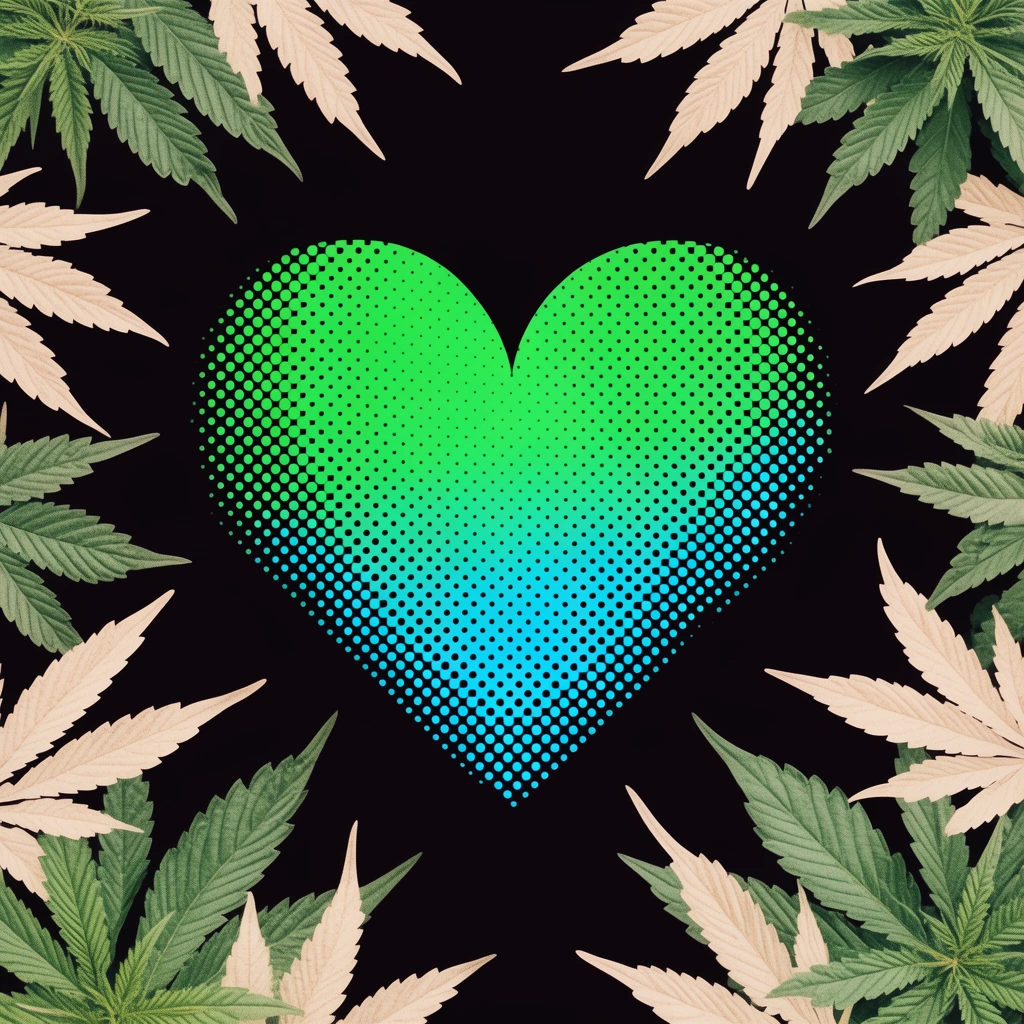 central heart shape rendered in a neon green to cyan gradient halftone dot pattern, solid pitch-black background, radially framed by serrated cannabis leaves pointing inward from the edges, alternating natural green and pale beige foliage, pop art graphic style, high contrast retro aesthetic