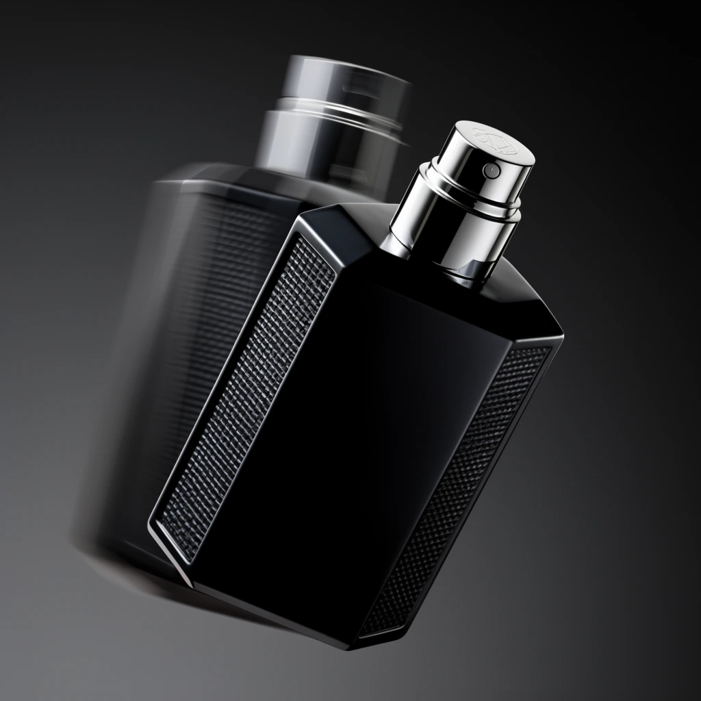 sleek black hexagonal perfume bottle with textured side panels and a polished silver cap, angled forward in mid-air, sweeping motion trails from a spinning blurred duplicate behind it, minimalist dark grey gradient background, dramatic studio lighting, high-contrast product photography