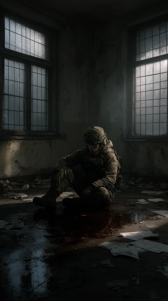 A lone person in military camouflage gear sits on the floor of a dimly lit, dilapidated room, surrounded by debris and a pool of dark liquid. The room features large, frosted windows with metal grates, allowing diffused light to filter in. The walls are peeling and stained, and scattered papers litter the dark floor. The atmosphere is tense and atmospheric, with strong chiaroscuro lighting emphasizing the central figure and the stark, abandoned setting.